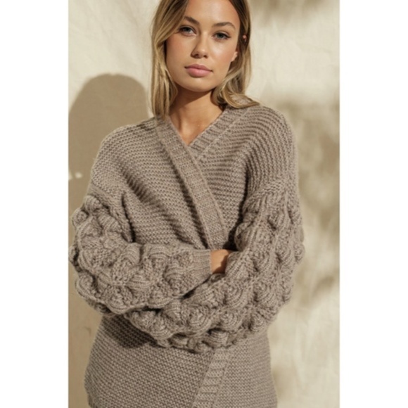 SOLD OUT Khaki Pompom Sleeve Knit Open Cardigan Sweater - Picture 4 of 6